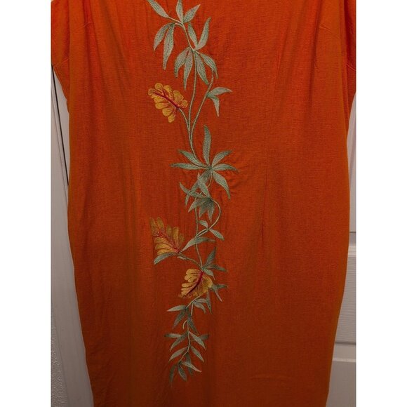Studio C Maxi Sheath Dress Sz 16 Linen Blend Back Zip Orange Embroidered Y2K Vtg - Picture 2 of 8